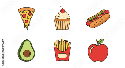 Colorful illustration of pizza cupcake hotdog avocado fries apple