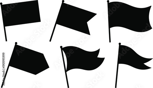 Assorted vector silhouettes of fluttering flags and pennants isolated on white background