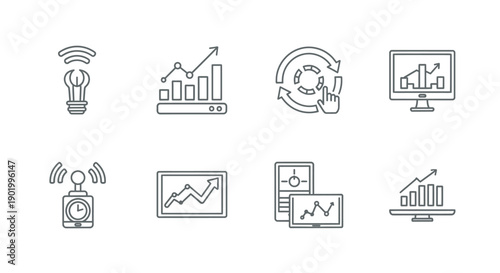 Set of financial charts and diagrams showing business and technology
