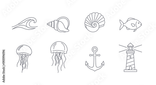 Ocean themed illustrations wave seashell fish jellyfish anchor and lighthouse icons