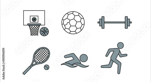 Sports icons set basketball soccer weightlifting tennis swimming running