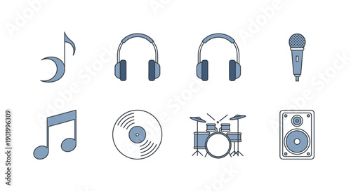 Music icons set headphones microphone vinyl drums and speakers on white