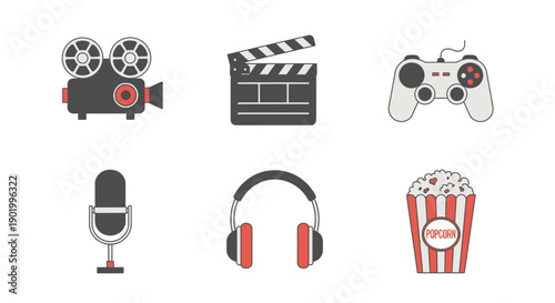 Entertainment icons film camera clapperboard gamepad microphone headphones popcorn