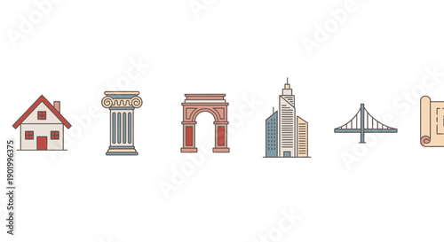 Architectural icons house column arch skyscraper bridge blueprint vectors