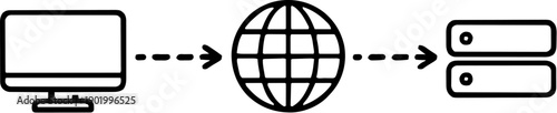 Minimal Line Art Illustration: Global Internet Network Connection, Data Transfer, and Client-Server Communication Icon.
