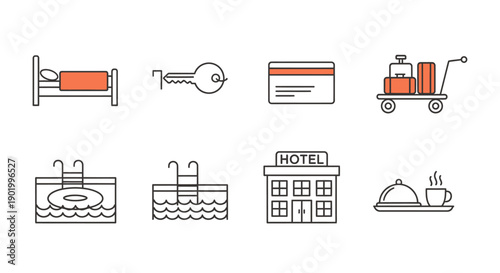 Hotel and hospitality icon set bed key credit card luggage cart pool