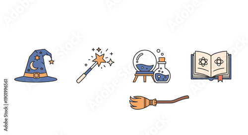 Magical objects illustration collection hat wand potion book and broom