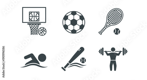 Sporting equipment and athlete icons set isolated on a white background