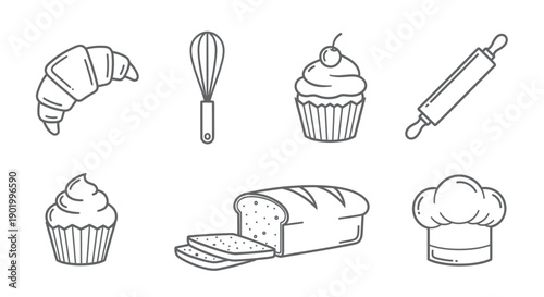 Bakery items outline illustrations croissant cupcake rolling pin whisk bread hat