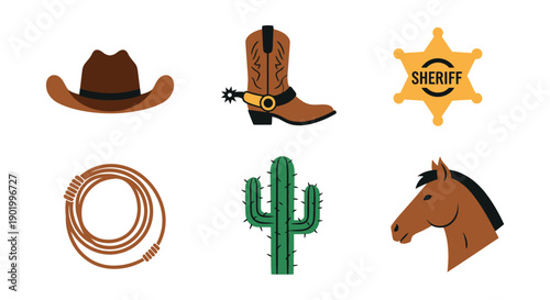 Western icons cowboy hat boot sheriff badge lasso cactus and horse head