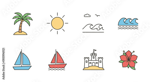 Summer icon set palm tree sun waves sailboat castle hibiscus symbols