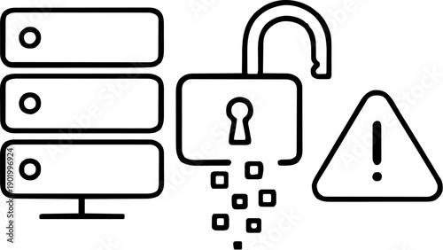 Minimal Line Art Illustration of a Server Data Breach and Cybersecurity Warning Sign, Representing Vulnerability and Compromised Digital Information