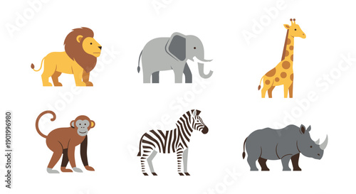 Cartoon animals collection lion elephant giraffe monkey zebra rhino