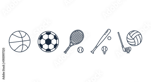 Sports equipment collection icons of basketball soccer tennis baseball golf and volleyball
