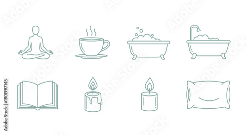 Relaxation and self care icons meditation bath tea candle and book