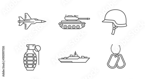 Military equipment icons jet fighter tank helmet grenade ship dog tags