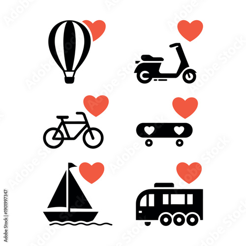 Collection of transportation methods illustrated with small red hearts symbolizing travel.