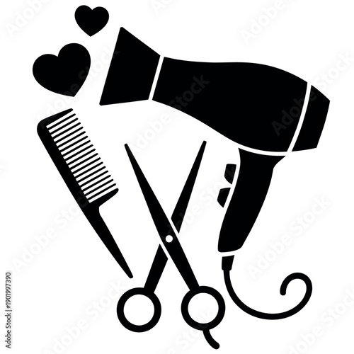 Stylized black icons depict hair care tools, scissors, and hearts for beauty salon branding.
