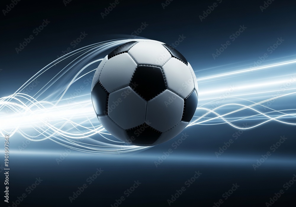 Naklejka premium Dynamic Soccer Ball Streaking Through Colorful Light Trails, Capturing High-Speed Action and Energy.