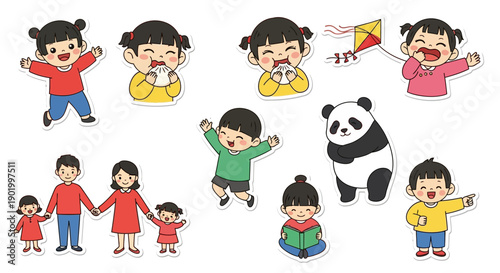 Collection of cheerful cartoon children, a happy family, and a cute panda illustration set depicting various activities and emotions.