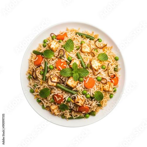 Delicious paneer biryani, indian cuisine with vegetables and spices on white plate