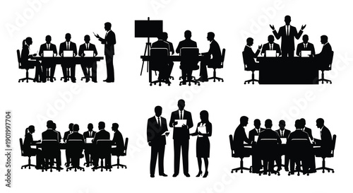 A group of business people in a meeting showing different perspectives on transparent background silhouette high quality professional detailed modern elegant