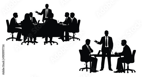 A group of business professionals in meetings depicted in a bold black silhouette on transparent background high quality professional detailed modern