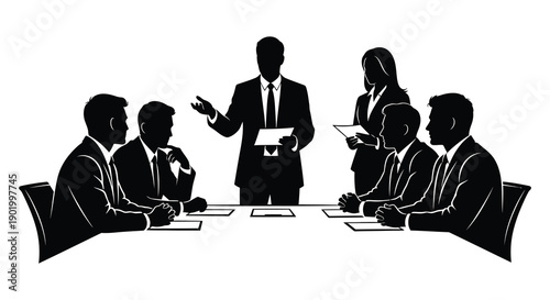 A black silhouette of a business meeting with six people around a table ideal for design projects on transparent background silhouette