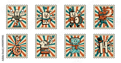 Retro Rubber Hose Alphabet Character Postage Stamp Collection for Circus and Carnival Branding