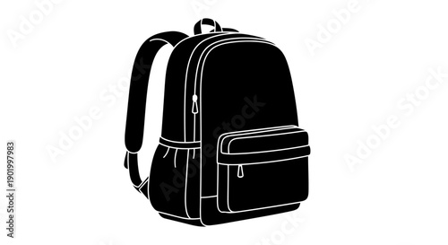 A simple black backpack with white outline on a plain background