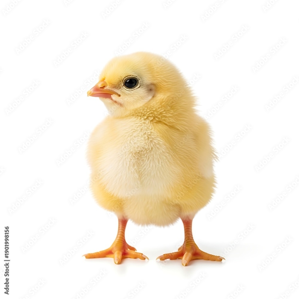 Fototapeta premium Adorable fluffy yellow chick standing on white background