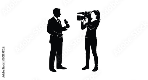 A black silhouette depicts a reporter interviewing a subject with a microphone ideal for media graphics on transparent background silhouette