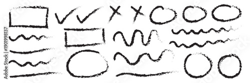 Hand drawn crayon doodles. Charcoal or pencil drawn scribbles note elements. brush stroke curly scribble collection.