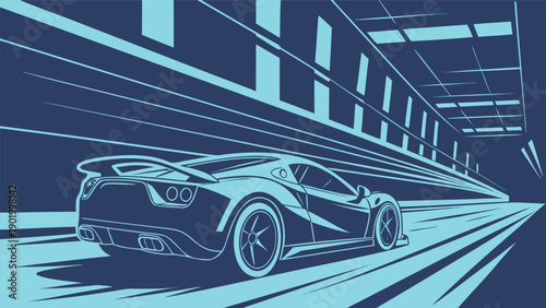 Stylized blue graphic illustration of a fast sports car racing through a modern futuristic tunnel