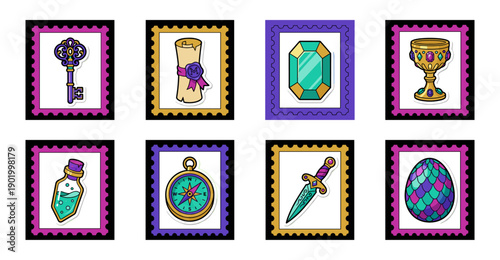 Cartoon Fantasy Quest RPG Item Postage Stamp Collection for Tabletop Gaming and Scrapbooking