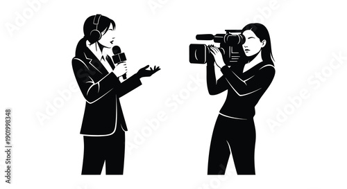 A black silhouette depicts a reporter interviewing a videographer ideal for media projects on transparent background silhouette high quality professional detailed