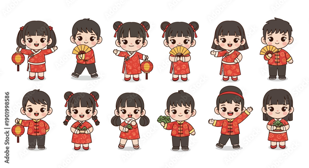 Obraz premium Cute cartoon children celebrating Chinese New Year in traditional red outfits, holding lanterns, fans, and gifts.