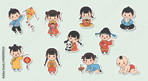 Cute cartoon Chinese children in traditional clothing playing with kites, lanterns, and pandas, depicted as stickers on a light background.