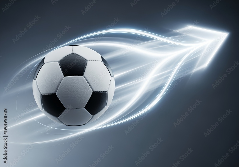 Naklejka premium Dynamic Black and White Soccer Ball in Motion, Abstract Illustration of Athletic Energy and Passion