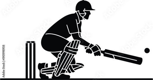 A cricket player is hitting a ball with a bat