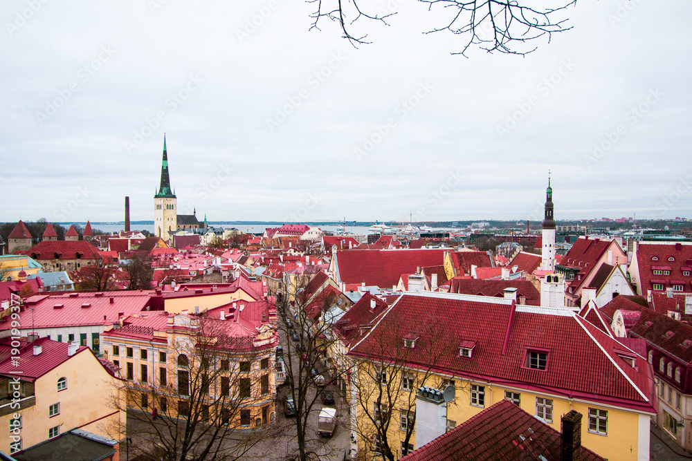Obraz premium Aerial view on the old town with main central square in Tallin, Estonia