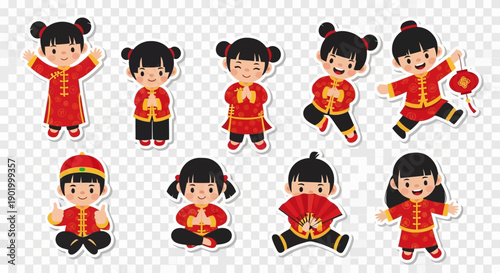 Cute cartoon Chinese children in traditional red and gold outfits celebrating Lunar New Year, depicted as stickers in various poses.