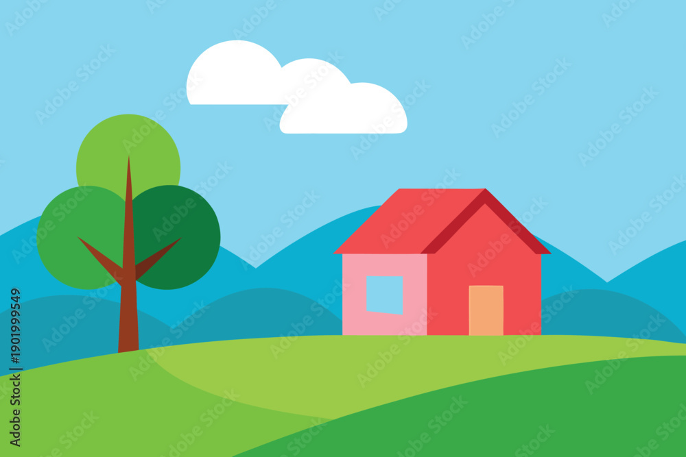 Naklejka premium A picturesque flat vector illustration shows a charming red house on a green hill under a clear blue sky