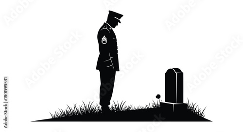 A somber police officer stands respectfully before a gravesite rendered as a stark black silhouette on transparent background high quality professional