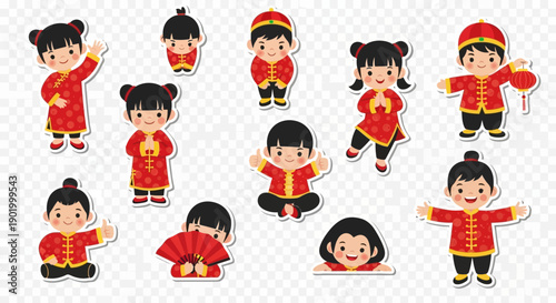 Collection of cute cartoon Chinese children in traditional red festive clothing, celebrating Lunar New Year with various joyful poses and expressions.