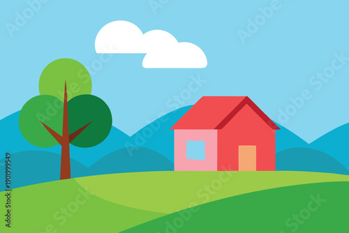 A picturesque flat vector illustration shows a charming red house on a green hill under a clear blue sky