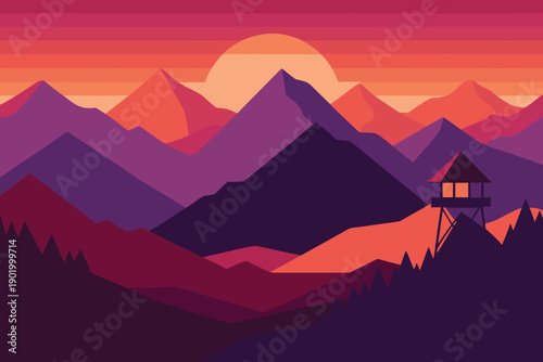 A picturesque vector illustration of majestic mountains at sunset with a lone cabin overlooking the vibrant landscape