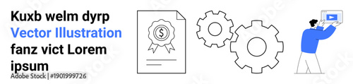Document with award icon, two interlocking gears, person presenting on screen. Ideal for business, recognition, education, teamwork, process illustration, success simple landing page