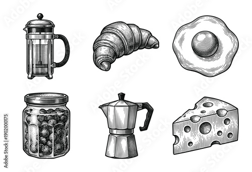 Breakfast and coffee culture collection featuring hand drawn vintage engraving style food and beverage icons