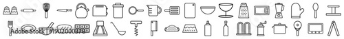 Kitchenware line icon set. Vector pictograms of toaster, kettle, blender, microwave, whisk, knife, pot, rolling pin, and cutlery, thin black outline illustration.